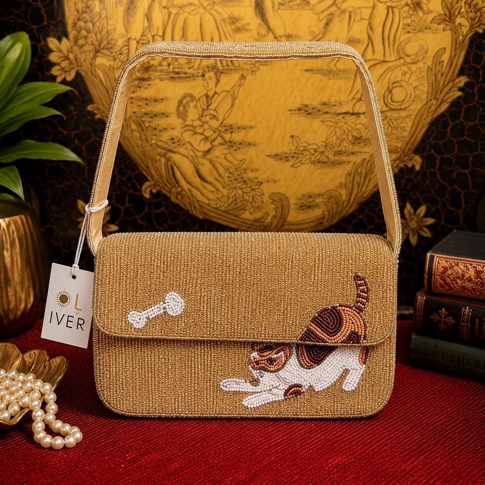Sol & Mer Beaded Cat Shoulder Bag Gold Kitty Cat Bone Handcrafted India NWT